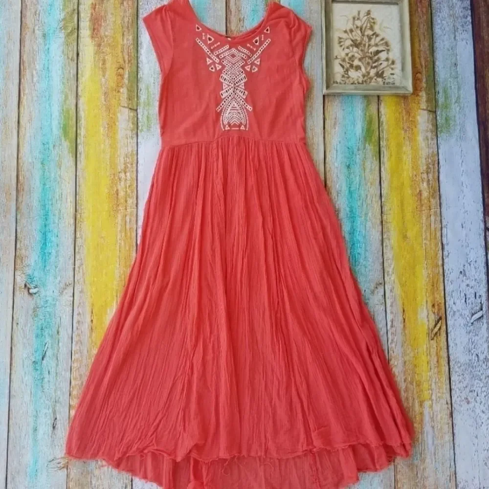 Free People Toosaloosa Meadow Orange Embroidered Open Back Boho Midi Dress Small